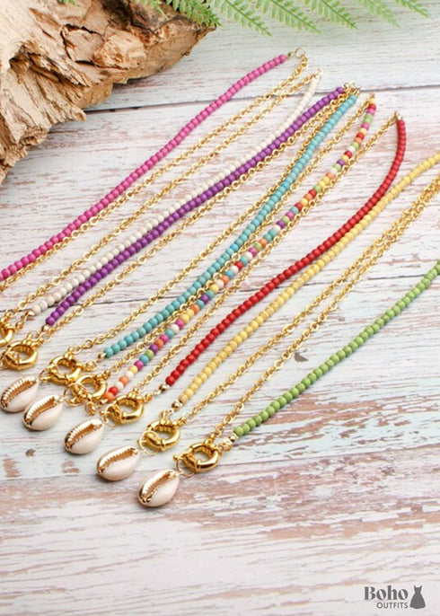 Boho Necklace, Blue Colorful Hippie Gold Shell